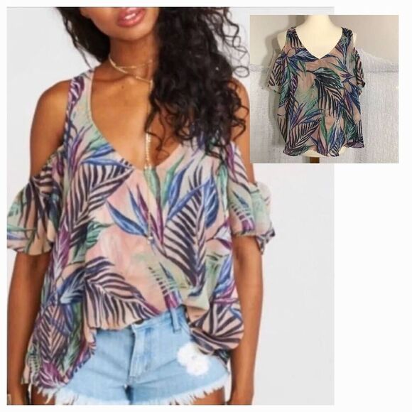 Show Me Your MuMu Cold Shoulder Leaf Print Top Size Small - Picture 1 of 8